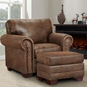 Buckskin Series Pinto Brown Microfiber Arm Chair and Ottoman Set of 1 with Nail Head Accents