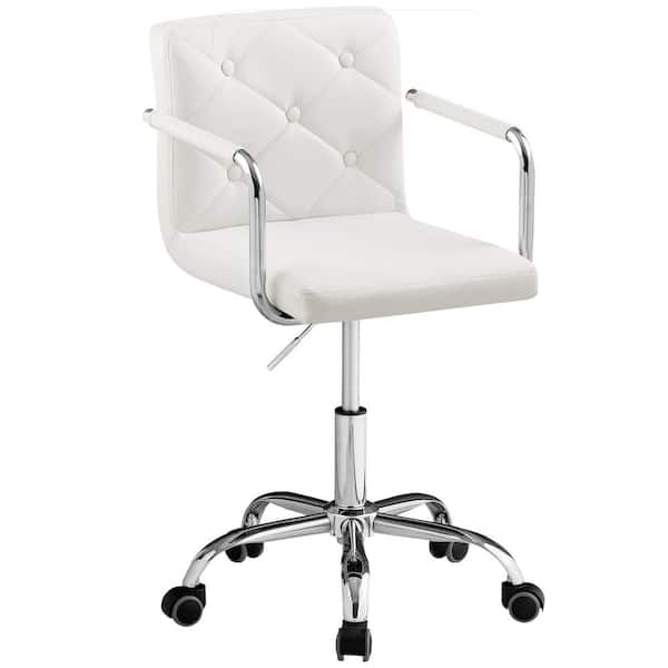 VECELO Office Stool with Arms/Wheels for Students Swivel Faux Leather Office Chair Home Computer Chair, White