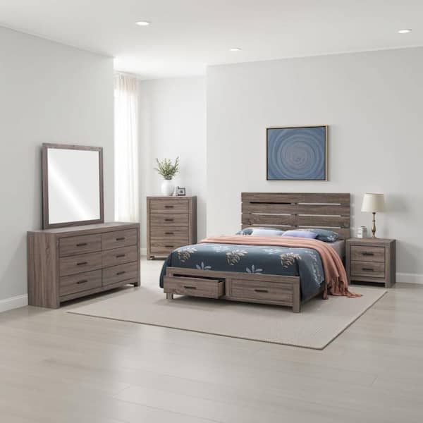 Sili 5-Piece Oak Brown Wood Queen Size Bedroom Set with Storage