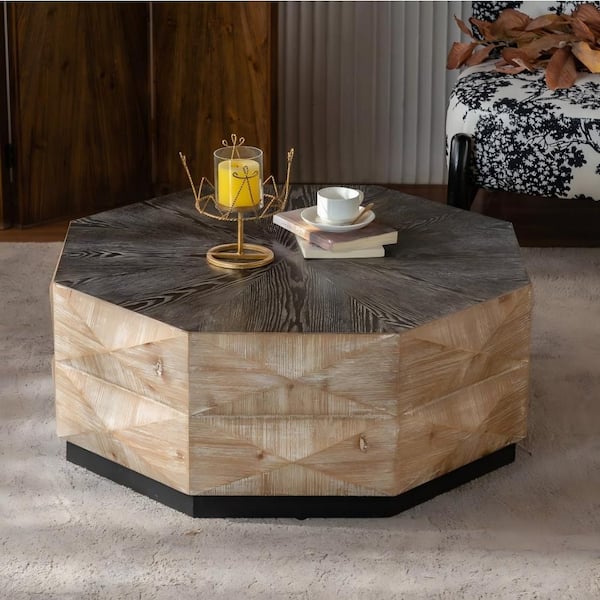 36.22 in. Natural Octagon Solid Wood Coffee Table, Retro Solid Wood Center Table with Embossed Relief Pattern