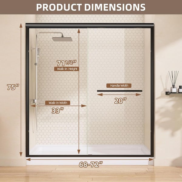 68 in.-72 in. W x 75 in. H Double Sliding Semi-Frameless Shower Door in Matte Black with 1/4 in. Nano-Coated Clear Glass