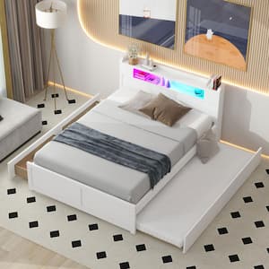 White Wood Frame Queen Size Platform Bed with 2-Drawer, LED Lighted Headboard with Inner Shelf, Twin Size Trundle