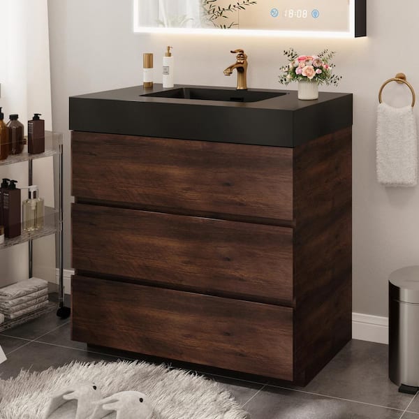 FAMYYT 36 in. W Single Sink Freestanding Bath Vanity in Walnut with Black Solid Surface Top, Assembled