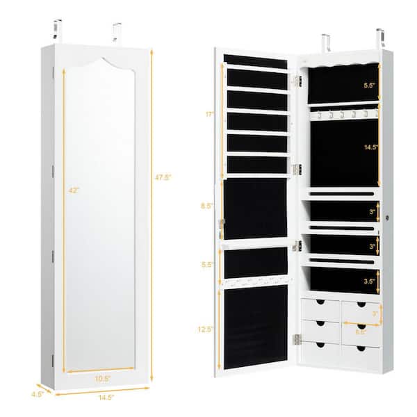 Gymax 47.5 in. H x 14.5 in. W x 4.5 in. D Lockable Wall Door Mounted Jewelry Cabinet LED Mirror White