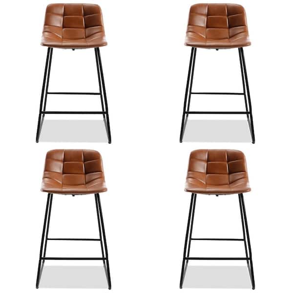 LUE BONA 39.37 in. Red Brown Mid Century Modern Faux Leather Low Back Metal Frame Bar Stools (Set of 4)