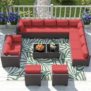 14-Piece Wicker Outdoor Sectional Set with Cushions Red