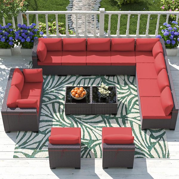 14-Piece Wicker Outdoor Sectional Set with Cushions Red