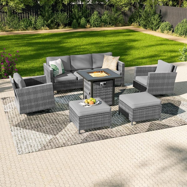 Sonkuki 6-Pieces Patio Conversation Set with Square Fire Pit Table and Swivel Rocking Chairs, Gray Wicker Gray Cushion