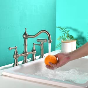 Double Handles Bridge Kitchen Faucet With Side Sprayer in Brushed Nickel
