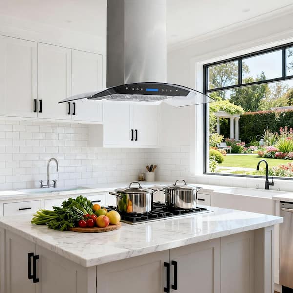 36 in. 900 CFM Ducted Island Range Hood with Remote, Touch Control LCD, Long-Term Warranty in Stainless Steel with Glass