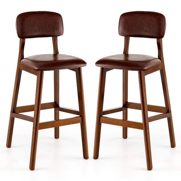 Costway 29 in. Brown Upholstered PU Bar Stools Dining Chairs with Rubber Wood Legs (Set of 2)