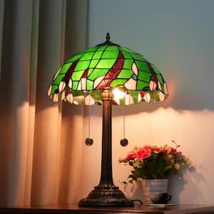 23 in. Tiffany Style Bronze Finish Table Lamp with Green Beads Stained Glass Lamp Shade