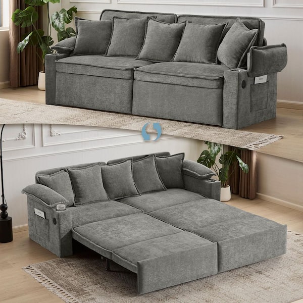 Sophia 3-in-1 Convertible 82.7 in. Light Gray Chenille Upholstered King Sofa Bed with Pillows, USB Charging Port