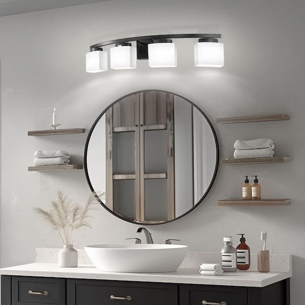 33.5 In. 4-Light Black Modern Square Vanity Light with Curved Arms and Milk White Glass Shades for Bathroom or Bedroom