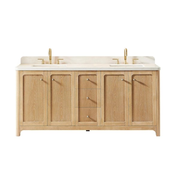 Milner 72 in. Double Freestanding Brushed Oak Bath Vanity with Grain White Engineered Stone Top Assembled