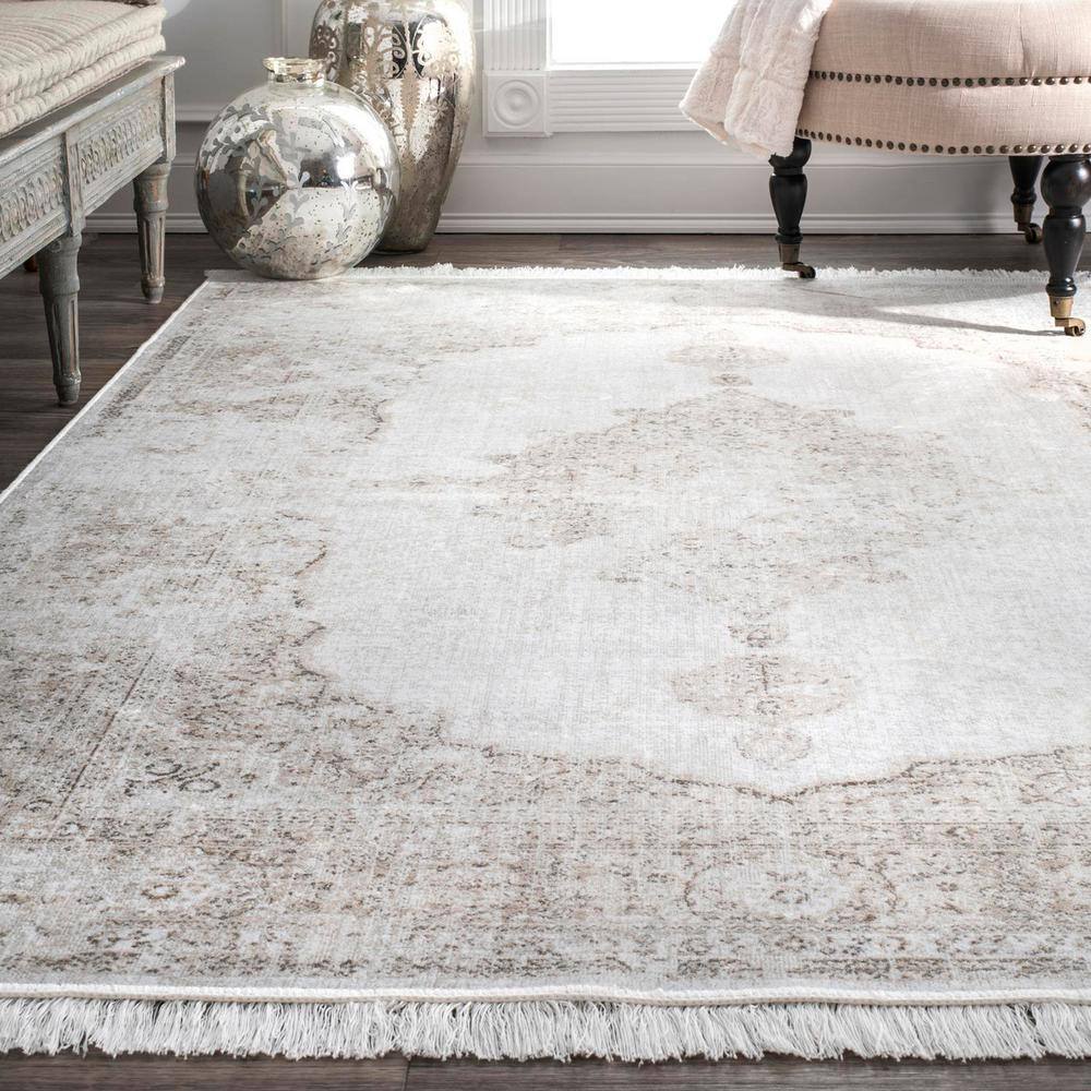 Ivory Medallion Viscose Runner Rug with Fringe, 2' 8" x 8'