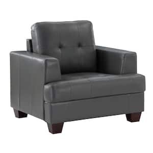 Gray and Brown Faux Leather Arm chair with Button Tufted, Solid Wood