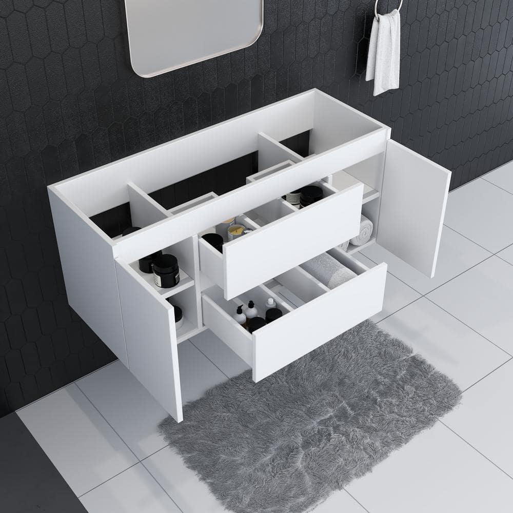 White 48" Wall-Mounted Floating Bathroom Vanity with Ceramic Top