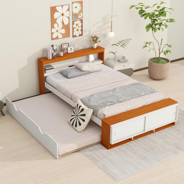 Qualler Natural and White Wood Frame Full Platform Bed with Trundle and USB Ports