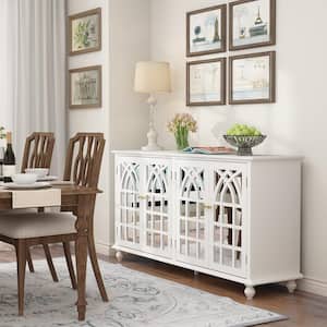White Wooden 63 in. W, Mirrored MDF Sideboard, Accent Strorage Cabinet with 4 Shelves and 4 Elegant Feet
