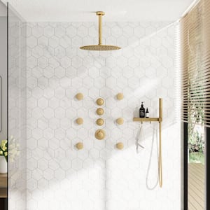 Dual Showers 3-Spray Patterns 12 in. Round Ceiling Mounted Fixed and Handheld Shower Head 1.8 GPM in Brushed Gold