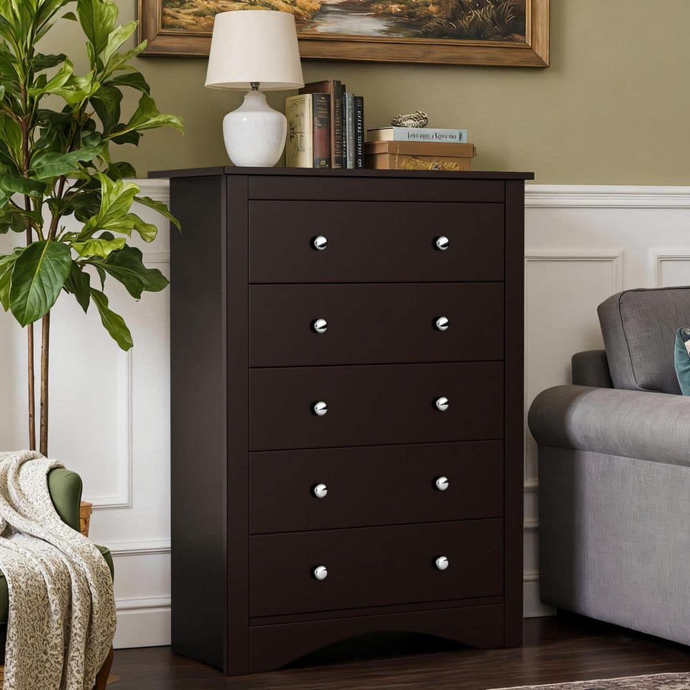 LACOO Creaser 31.4 in. Brown Tall Dressers Chest of Drawers with 5 Drawers