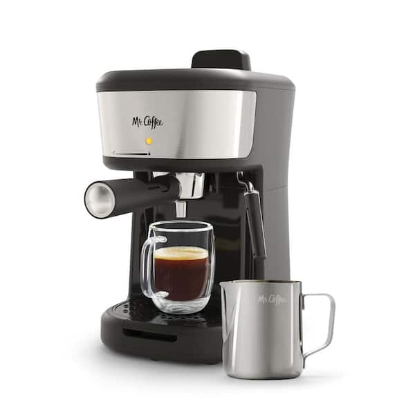 Mr. Coffee 1- Cup 4-Shot Black Steam Espresso Machine, Cappuccino, and Latte Maker with Stainless Steel Frothing Pitcher
