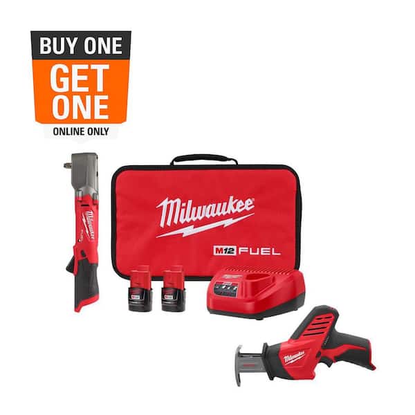 Milwaukee M12 FUEL 12V Lithium-Ion Brushless Cordless 3/8 in. Right Angle Impact Wrench Kit w Two 2.0 Ah Batteries & Recip Saw