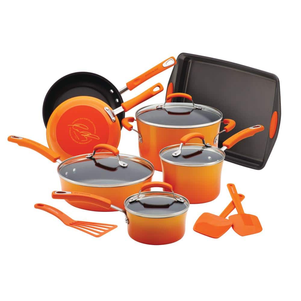 Rachael Ray Classic Brights 14-Piece Aluminum Nonstick Cookware Set in  Orange Gradient 12946 - The Home Depot
