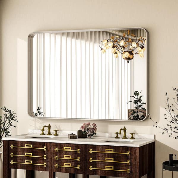 XRAMFY 29.5 in. W x 48 in. H Modern Rectangular Rounded Silver Aluminum Deep Framed Bathroom Mirror Wall Mirror