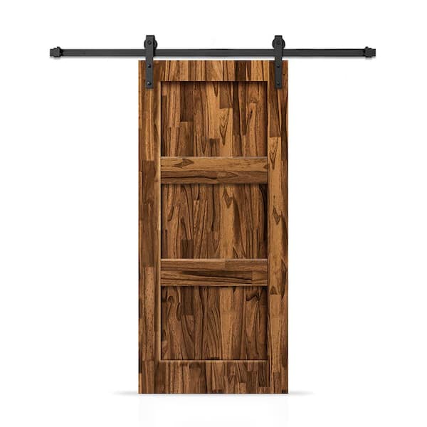 CALHOME 32 in. x 84 in. 3 Panel Shaker Hollow Core Walnut Stained Pine Wood Interior Sliding Barn Door with Hardware Kit