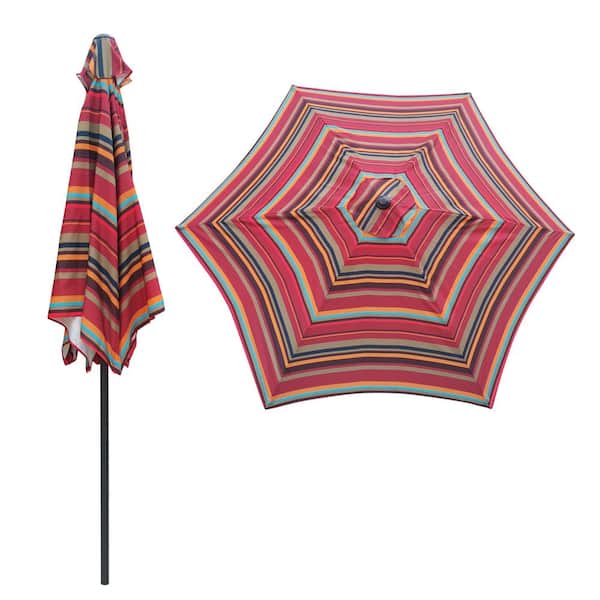 SOTEN RUGGED TABLET LLC 9 ft. Push Button Tilt Patio Market Umbrella with Wind Vent, UV-Protect, Kit to Backyard, Poolside, Patio, Red Stripes