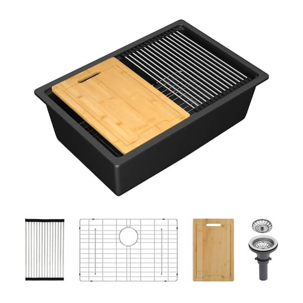 28 in. Undermount Single Bowl Workstation Sink Black Quartz/Granite Composite Kitchen Sink with Bottom Grid/Accessories