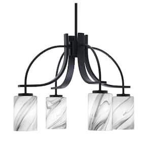 Olympia 15.75 in. 4-Light Matte Black Downlight Chandelier Onyx Swirl Glass Shade