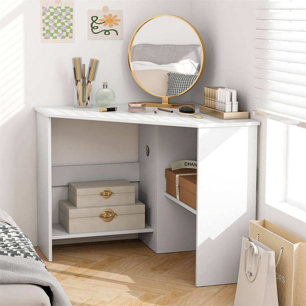 White Wood Corner Computer Desk with Storage Shelves