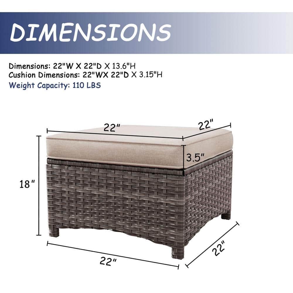 Beige Cushioned Wicker Outdoor Patio Ottoman Set with Steel Frame