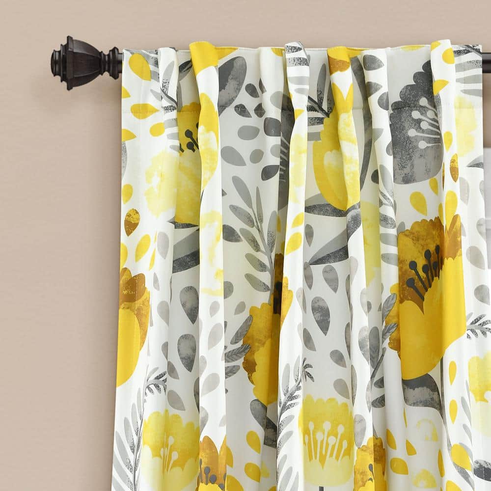 Yellow and White Floral Polyester Room Darkening Curtain Panels