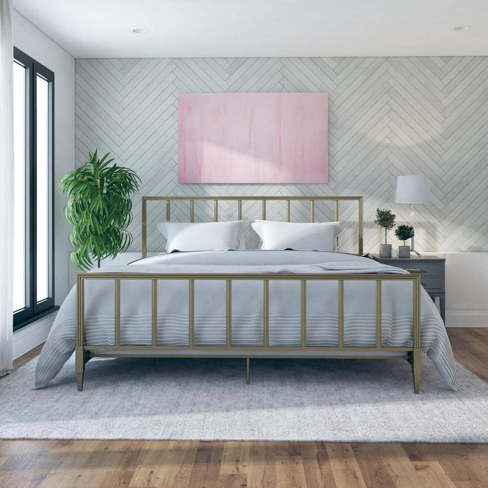 Blair King Size Golden Brass Metal Bed with Engraved Headboard