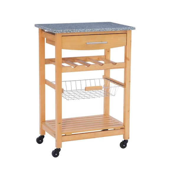 Linon Home Decor Todd Natural Wood Kitchen Cart with Food Safe Granite Top and Storage