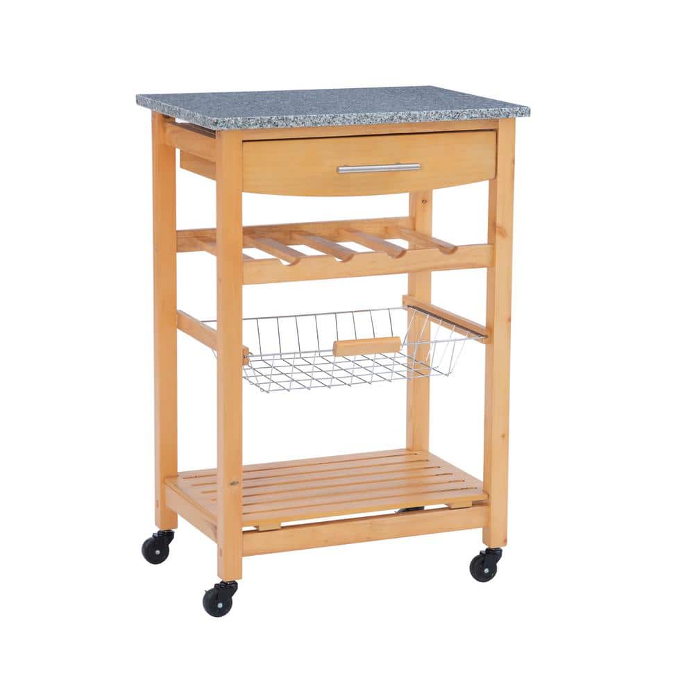 Todd Natural Wood Kitchen Cart with Food Safe Granite Top and Storage