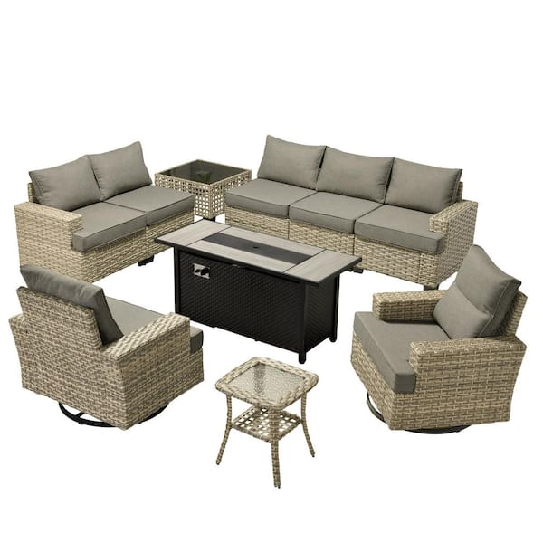 Novique 10-Pieces Wicker Rectangular Fire Pit Sets and Swivel Rocking Chairs with Dark Grey Cushion