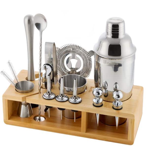 23-Piece 24 oz. Silver Stainless Steel Cocktail Shaker Set with Bamboo Stand, Drink Shaker, Mixer Spoon and Muddler