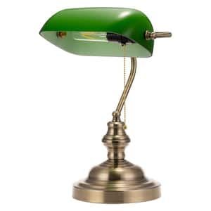 14 in. Green Vintage Rechargeable Integrated LED Banker Table Lamp for Living Room with White Shade and USB Port