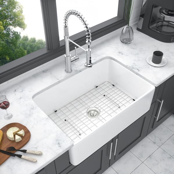 30 in. Farmhouse Single Bowl White Ceramic Kitchen Sink with Bottom Grids