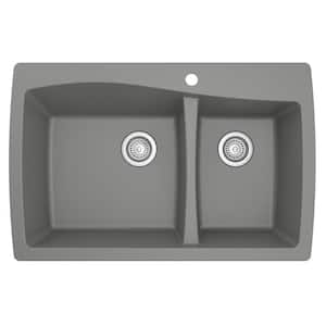 Drop-In Quartz Composite 34 in. 1-Hole 60/40 Double Bowl Kitchen Sink in Grey