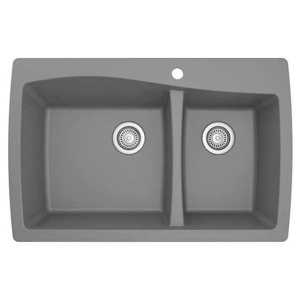 Drop-In Quartz/Granite Composite 34 in. 1-Hole 60/40 Double Bowl Kitchen Sink in Grey