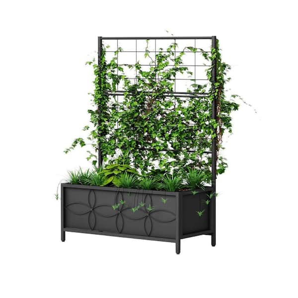 48.8 in. Black Metal Raised Garden Bed with Trellis and Planter Box for Backyard Patio Balcony (1-Pack)