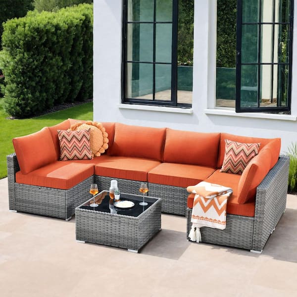 Aero 7-Piece Wicker Outdoor Sectional Set with Orange Red Cushions