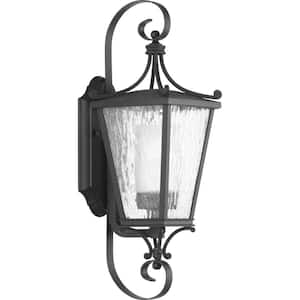 Cadence Collection 1-Light Textured Black Clear Water Seeded Glass Luxe Outdoor Small Wall Lantern Light