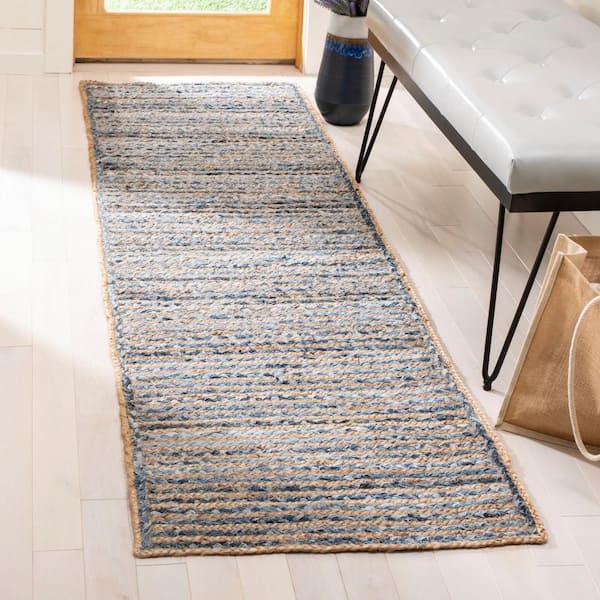 Cape Cod Natural/Blue 2 ft. x 14 ft. Braided Striped Runner Rug